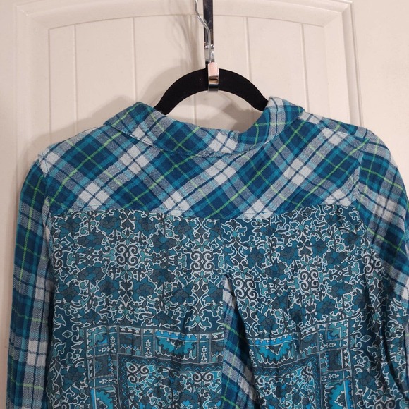 Tolani Womens Flannel Blue Green Plaid Slubbed Cotton Pleated Back Blouse Top M - Picture 10 of 11